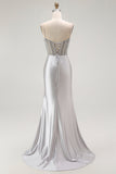Sparkly Gold Satin Mermaid Maxi Corset Prom Dress with Slit