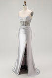 Sparkly Gold Satin Mermaid Maxi Corset Prom Dress with Slit
