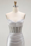 Sparkly Grey Satin Mermaid Long Corset Prom Dress with Slit