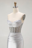 Sparkly Navy Mermaid Satin Long Corset Prom Dress with Beading