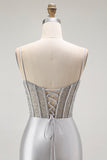 Sparkly Grey Satin Mermaid Long Corset Prom Dress with Slit