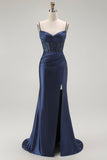 Sparkly Gold Satin Mermaid Maxi Corset Prom Dress with Slit