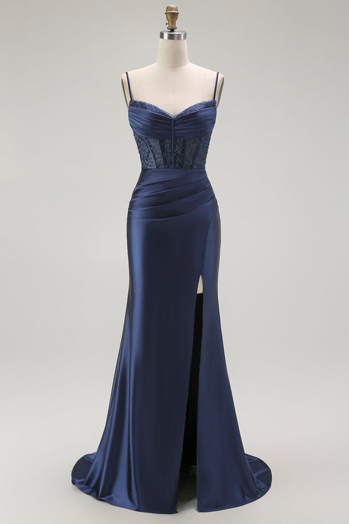 Leely Women Sparkly Navy Corset Ruched Long Prom Dress with Slit Satin ...