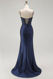 Sparkly Gold Satin Mermaid Maxi Corset Prom Dress with Slit