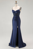 Sparkly Gold Satin Mermaid Maxi Corset Prom Dress with Slit
