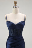 Sparkly Red Satin Ruched Maxi Corset Prom Dress with Slit