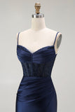 Sparkly Grey Satin Mermaid Long Corset Prom Dress with Slit