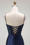 Sparkly Navy Mermaid Satin Long Corset Prom Dress with Beading