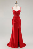 Sparkly Gold Satin Mermaid Maxi Corset Prom Dress with Slit