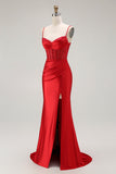 Sparkly Gold Satin Mermaid Maxi Corset Prom Dress with Slit