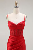 Sparkly Red Satin Ruched Maxi Corset Prom Dress with Slit