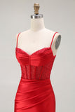Sparkly Red Satin Ruched Maxi Corset Prom Dress with Slit