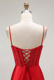 Sparkly Red Satin Ruched Maxi Corset Prom Dress with Slit