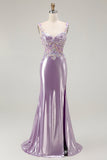 Sparkly Lilac Mermaid Floral Maxi Prom Dress with Slit