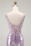 Sparkly Lilac Mermaid Floral Maxi Prom Dress with Slit