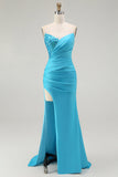 Sparkly Blue Mermaid Ruched Satin Long Prom Dress with Slit