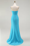 Sparkly Blue Mermaid Ruched Satin Long Prom Dress with Slit