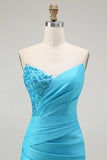 Sparkly Blue Mermaid Ruched Satin Long Prom Dress with Slit