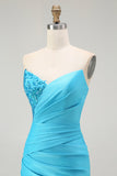 Sparkly Blue Mermaid Ruched Satin Long Prom Dress with Slit