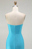 Sparkly Blue Mermaid Ruched Satin Long Prom Dress with Slit