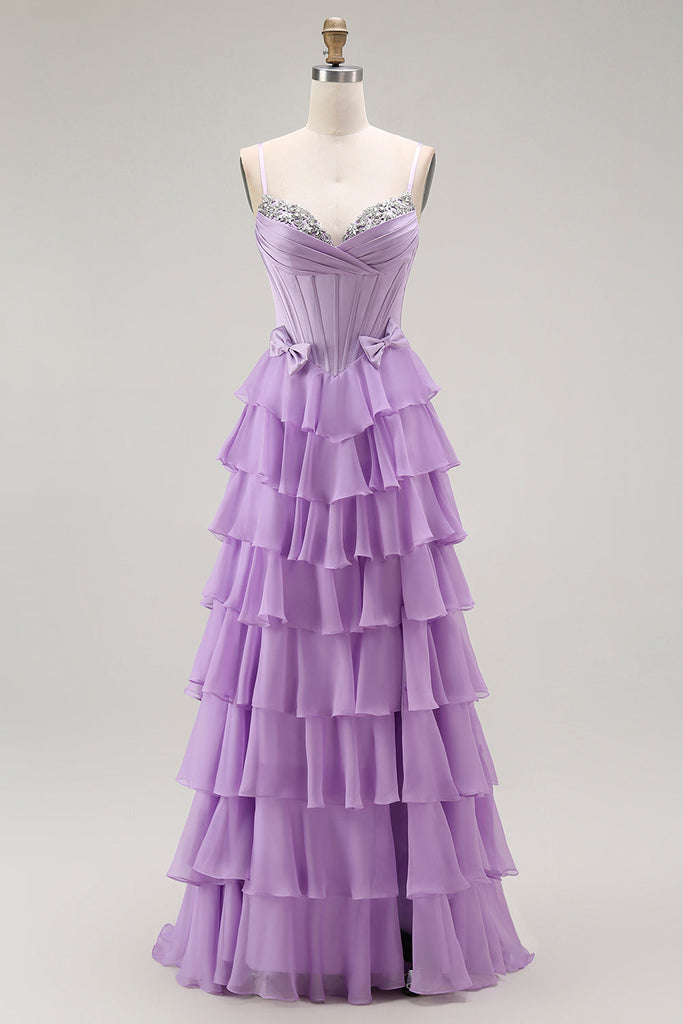 Leely Women Sparkly Purple Long Chiffon Corset Prom Dress with Bows