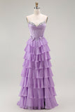 Purple Chiffon Tiered A Line Long Corset Prom Dress with Bows