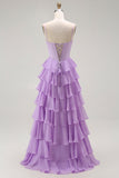 Purple Chiffon Tiered A Line Long Corset Prom Dress with Bows