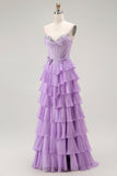 Purple Chiffon Tiered A Line Long Corset Prom Dress with Bows
