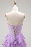 Purple Chiffon Tiered A Line Long Corset Prom Dress with Bows