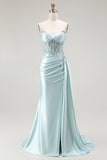 Sparkly Light Green Corset Floral Long Prom Dress with Slit