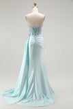 Sparkly Light Green Corset Floral Long Prom Dress with Slit