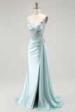 Sparkly Light Green Corset Floral Long Prom Dress with Slit