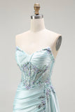 Sparkly Light Green Corset Floral Long Prom Dress with Slit