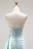 Sparkly Light Green Corset Floral Long Prom Dress with Slit