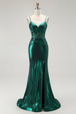 Dark Green Metallic Corset Mermaid Long Prom Dress with Slit