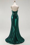 Dark Green Metallic Corset Mermaid Long Prom Dress with Slit