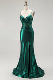 Dark Green Metallic Corset Mermaid Long Prom Dress with Slit