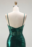 Dark Green Metallic Corset Mermaid Long Prom Dress with Slit