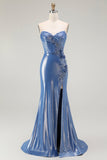 Sparkly Blue Corset Sweetheart Floral Beaded Long Prom Dress with Slit