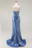 Sparkly Blue Corset Sweetheart Floral Beaded Long Prom Dress with Slit