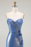 Sparkly Blue Corset Sweetheart Floral Beaded Long Prom Dress with Slit