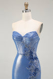 Sparkly Blue Corset Sweetheart Floral Beaded Long Prom Dress with Slit