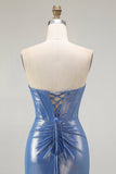 Sparkly Blue Corset Sweetheart Floral Beaded Long Prom Dress with Slit
