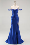 Sparkly Royal Blue Off the Shoulder Corset Long Prom Dress with Slit