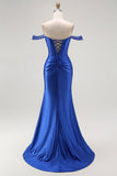 Sparkly Royal Blue Off the Shoulder Corset Long Prom Dress with Slit