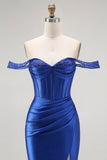 Sparkly Royal Blue Off the Shoulder Corset Long Prom Dress with Slit