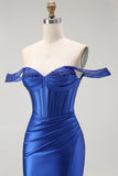 Sparkly Royal Blue Off the Shoulder Corset Long Prom Dress with Slit