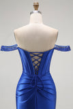 Sparkly Royal Blue Off the Shoulder Corset Long Prom Dress with Slit