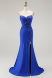 Sparkly Royal Blue Corset Mermaid Floral Maxi Prom Dress with Beading