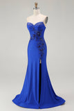 Sparkly Royal Blue Corset Mermaid Floral Maxi Prom Dress with Beading